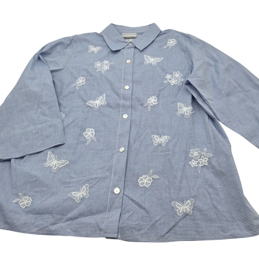 NWT Alfred Dunner Button Up Shirt Womens PM Blue Butterfly Lace Applique